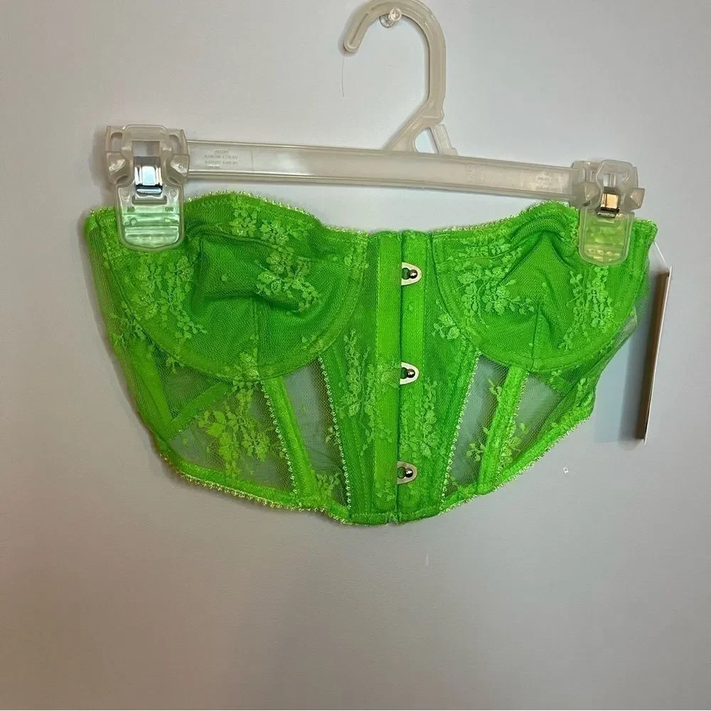 Urban Outfitters Out From Under Firecracker Green Lace Cropped Corset Top S NWT